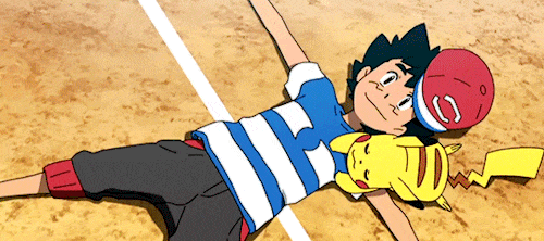 .GIF of Ash Ketchum lying on ground, petting his Pikachu near him (Satoshi, Pokemon Sun and Moon)