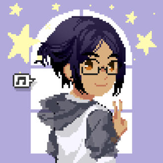 Pixel art of Badr's back towards camera, head turned and showing peace sign (Picrew)